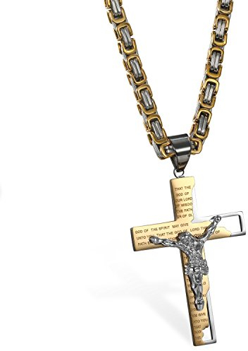 Cupimatch Herren Vintage Edelstahl Jesus Kreuz Anhänger Halskette mit Gravur Englische Bibel Gebet gold silber, Königskette 65cm