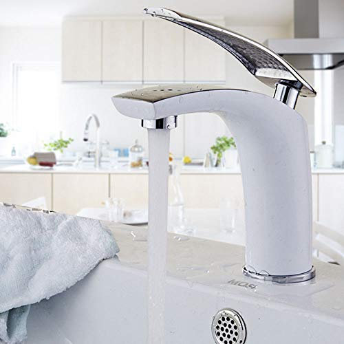 Grifo mezclador para lavabo Cromo blanco, Fregadero de baño de una sola palanca moderno Grifos de agua fría/caliente con cuerpo de grifo de latón, Acabado cromado blanco