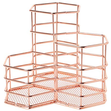 Fafalloagrron Boîte de rangement de maquillage hexagonale, de style nordique, porte-stylos/crayons/pinceaux, organiseur de bureau, support de rangement en fer, Fer, rose gold, 5.91x5.91x4.72in