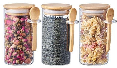 ORNAMI Airtight Glass Pantry Storage Canister Jar with Bamboo Lid & Spoon | BPA-Free, Clear Kitchen Organisation Jar - Set of 3 (0.3L, Round)