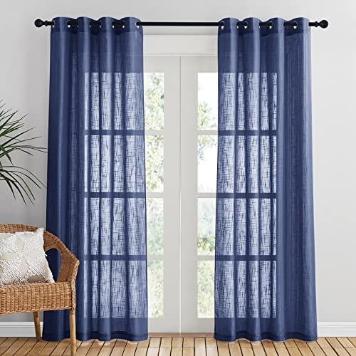 PONY DANCE Linen Look Bedroom Voile Curtains 84 Drop - Dark Blue Net Curtains for Windows Privacy Protected Semi Transparent Sheer Eyelet Top Woven Voile Window Treatment, Set of 2, 52 x 84 Inches