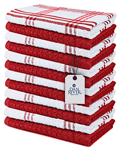 Dan River Premium-Küchentuch, ultraweich, hochsaugfähig, waschbar und wiederverwendbar, 100% Baumwolle, fusselfrei, Reinigungstücher für Geschirr, 40,6 x 66 cm, Rot, 12 Stück