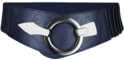 Vanessa & Melissa Elastischer Damen Taillengürtel, ca. 6 cm breiter Hüftgürtel mit silberner Ring-Schließe, Stretchgürtel (75 cm (für Taillenweite 75-90 cm), Dunkelblau)