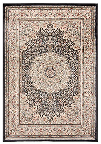 Carpeto Rugs Orientalischer Traditioneller Teppich mit Blumen - Kurzflor - Weich Teppich für Wohnzimmer, Schlafzimmer, Esszimmer - ÖKO-TEX Wohnzimmerteppich - Teppiche - Schwarz Beige - 100 x 200 cm