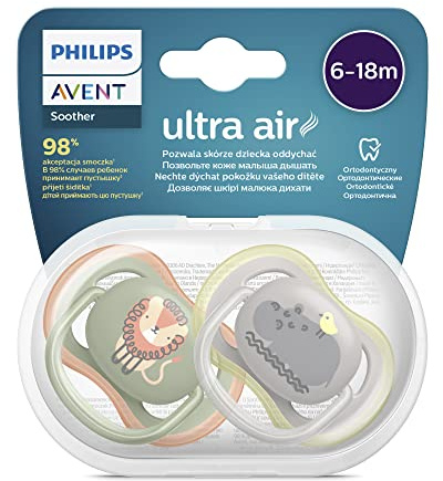 Philips AVENT Ultra Air Schnuller, 2er-Pack – BPA-freier Schnuller für Babys von 6 bis 18 Monaten, Löwe/Nilpferd (Modell SCF085/17)