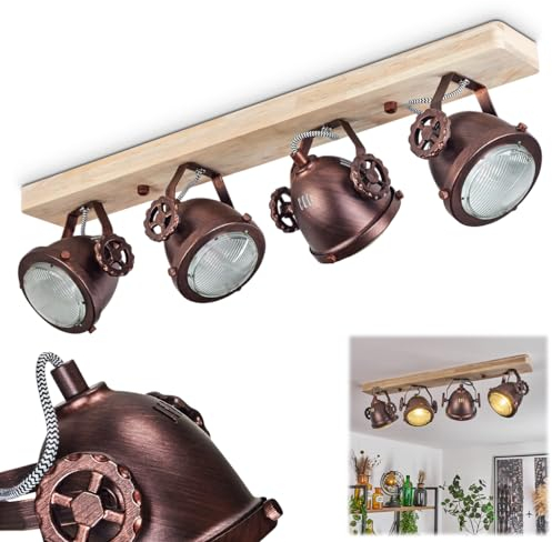 Deckenleuchte Herford, verstellbare Deckenlampe aus Metall/Holz/Glas in Rost/Braun/Natur/Klar, 4-flammig, 4 x GU10, dreh- u. schwenkbarer Spot im Industrial Design m. Textilkabeln, ohne Leuchtmittel