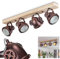 Deckenleuchte Herford, verstellbare Deckenlampe aus Metall/Holz/Glas in Rost/Braun/Natur/Klar, 4-flammig, 4 x GU10, dreh- u. schwenkbarer Spot im Industrial Design m. Textilkabeln, ohne Leuchtmittel