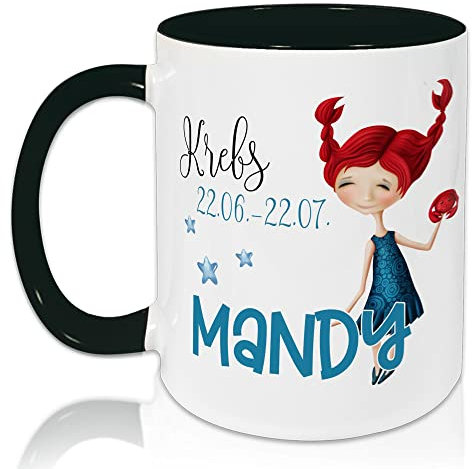 GRAZDesign Tasse Horoskop, Sternzeichen Krebs mit Datum und Namen, personalisiert, Keramiktasse Innen Schwarz, Außen weiß (Krebs)