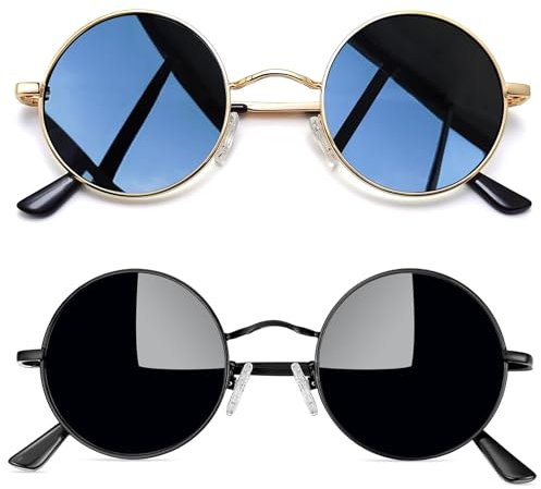 Joopin Runde Sonnenbrille Herren Polarisiert Zwei Paar Retro Sonnenbrille Rund Hippie Vintage 2 Pack (Voll Schwarz und Gold Schwarz)
