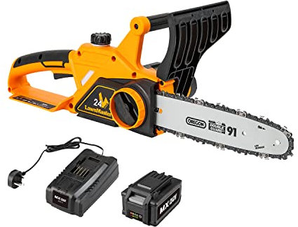 LawnMaster Cordless Chainsaw MX 24V 4.0Ah Battery and Fast Charger Included. 25cm Oregon Bar & Chain. Tool Free tensioning and Automatic oiling. Powerful Cordless Electric Chainsaw. 2 Year Guarantee
