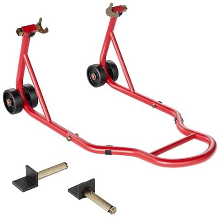 SPECSTAR Cavalletto Moto, capacità 200 kg Sollevatore Ruota Posteriore con Bobina Forcellone Regolabile U+L, Cavalletto Paddock Robusto Rosso