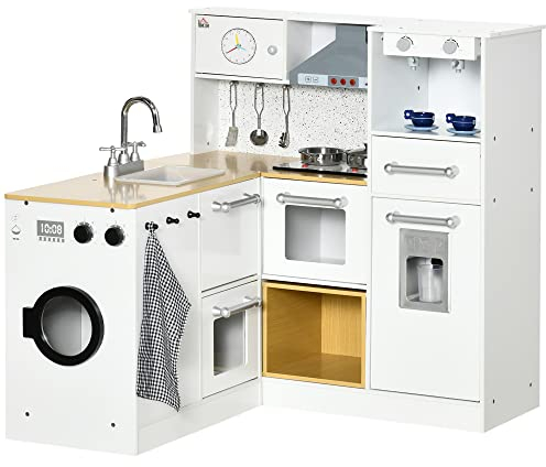 HOMCOM Cocina de Juguete de Madera para Niños de +3 Años Cocinita de Juguete con Luz Sonidos Taburete Cafetera Máquina de Hielo Lavadora Horno Refrigerador Fregadero 78,5x29x81 cm Blanco