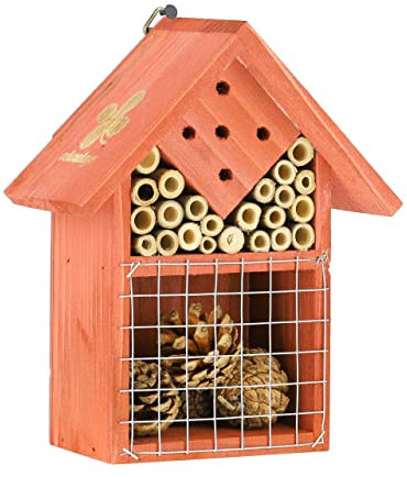 Relaxdays Insektenhotel, Nisthilfe für Bienen & Käfer, HBT 21 x 17,5 x 9 cm, Garten, Balkon, Bienenhotel, Holz, orange