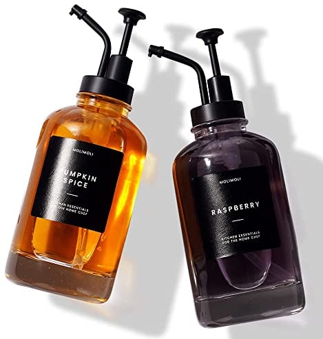 Molimoli Kaffeesirupspender für Kaffeebar, Kaffeepumpenspender, Glassirupflasche mit Pumpe, 16 oz 500 ml, 2 Stück, schwarze verbesserte Pumpe