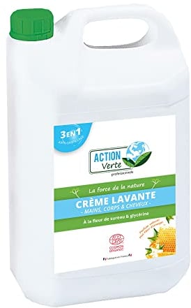 ACTION VERTE - Crème lavante - Nettoie les mains, corps & cheveux - Certification Ecocert - Formule naturelle - Parfum fleur d'oranger et miel- 5L - Fabrication française