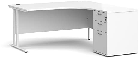 Mr Office Maestro 25 right hand ergonomic desk with white cantilever frame and desk high pedestal bundle, White, 1600