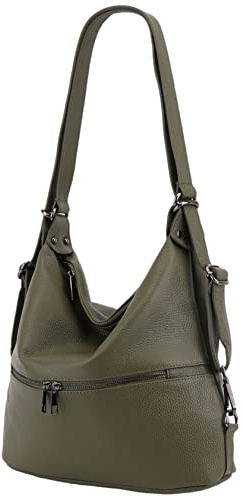 SH Leder 2in1 Handtasche Rucksack Damen Schultertasche DayPack CityRucksack aus Echt genarbt Leder (B 33cm x H 32cm xT 12,5cm) Bina G677 (Olivgrün)