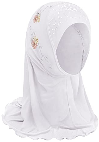 FakeFace Mädchen Kopftuch Kinder Muslimischer Hijab Kleines Mädchen Moslem Schal mit Blumen Arabien Islamische Kopfkappe Kleidung Schal Sommer Stretch Turban Gesichtsschleier Kopfbedeckung (Weiß)