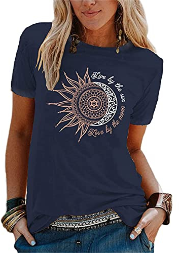 Damen Tshirt - Tops Damen Sommer Teenager Mädchen Lässig Sonne und Mond Tshirt Shirts T Shirt Mit Aufdruck Kurzarm T Schirt Oberteile Oversized Italienische Mode T-Shirt Pullover Damenshirts