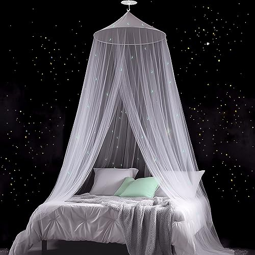 Modacraft Mond Leuchtende Moskitonetz für Doppelbett Einzelbett Babybett Kinderzimmer mit Klebehaken Schrauben, Feinmaschiges Betthimmel Mückennetz für Zuhause und Reisen Indoor Outdoor