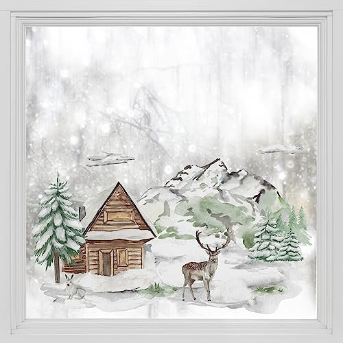 Alwayspon Statische Fensterfolie Privatsphäre, Doppelseitiger Fensteraufkleber, Anti-UV-Glasfolie für Weihnachtsdekoration, Winterwald Hütte Hirsch T052