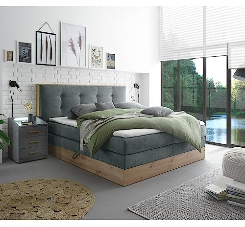 Lomadox Boxspringbett 180x200 cm mit Bettkasten | Doppelbett in anthrazit mit Artisan Eiche Nb., Härtegrad H2