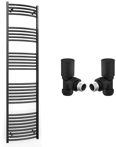 500mm Wide Curved Black Radiator Bathroom Towel Rail Radiator For Central Heating Bathroom Heated Towel Rail (500 x 1800 mm (h), With Black Angled Valves)