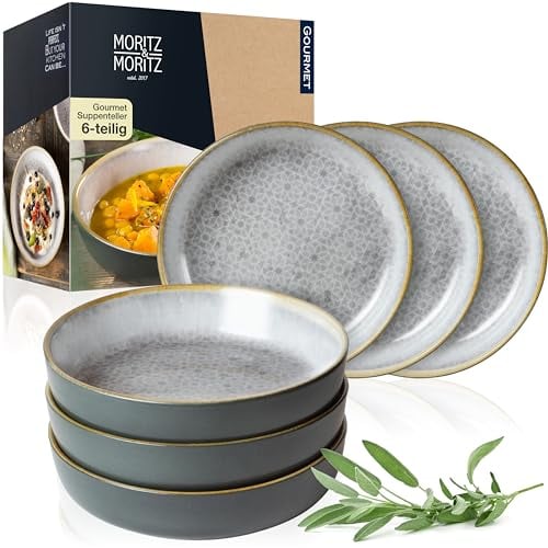 Moritz & Moritz TERRA 6 pcs. Assiettes à Soupe Grises 700 ml Chacune - Ø 19 x 4,5 cm - Gris Discret en Porcelaine de Haute Qualité - Assiettes Creuses pour Soupes, Salades, Céréales, Pâtes etc