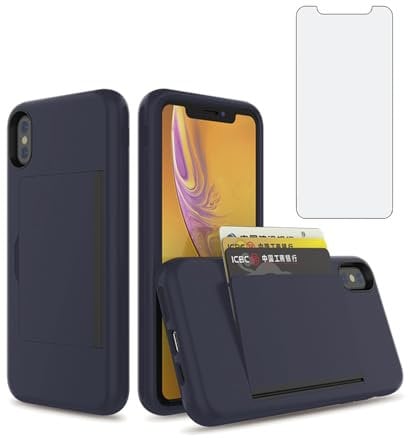 Asuwish Phone Case for iPhone XR 6.1 with Screen Protector Cover and Credit Card Holder Stand Slim Hybrid Cell Accessories iPhoneXR iPhone10R i Phonex 10XR 10R RX CR iPhoneXRcases Women Men Navy Blue