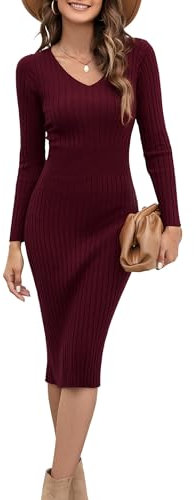 Blooming Jelly Womens Black Jumper Dress Long Sleeve Midi Dress V Neck Sweaters Bodycon Knitted Jumpers