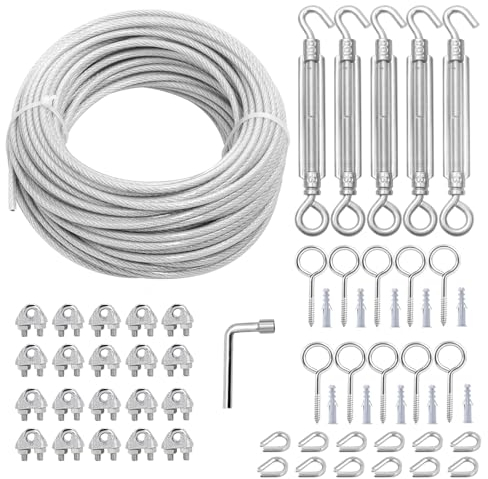 hannger Tendeurs M6 pour câbles 3MM, Tendeur de câble en acier recouvert de PVC 30M Câble d'acier avec âme en 7×7 brins pour kit d'accrochage de Rampes de terrasse/Rampes d'escalier/Ligne à vêtement