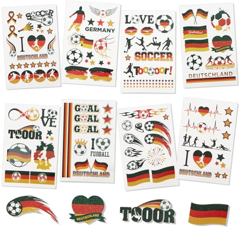 8 Blatt Glitzer Deutschland Flagge Temporäre Tattoos zum Aufkleben EM WM Deko Fußball Accessoires Olympische Party Zubehör Klebetattoos Hautfreundliche Kindertattoos für Kinder Erwachsene