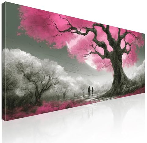 CheQuadro! Quadro moderno soggiorno, quadro grande, Albero con Fiori Rosa e Coppia al Tramonto, su tela, intelaiato pronto da appendere bow1-170x80 cm