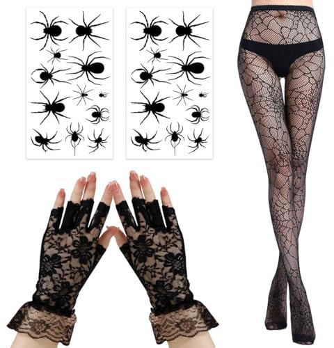 4 Stück Halloween Kostüm Spinne Damen, Halloween Netzstrumpfhose Schwarz, Schwarz Spinnen Strumpfhose Damen, Spitze Fingerlose Handschuhe, 2 Blätter Halloween Tattoos Spinne, Tag der Toten, Karneval