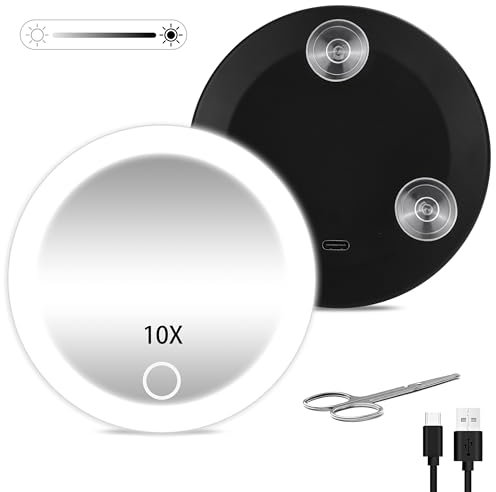 JJhxr 10X Vergrößerungsspiegel mit Licht, 10.16 cm Reise Makeup Spiegel mit 3 Saugnäpfen, Makeup Vergrößerungsspiegel mit Licht, einstellbare Dimmung der Lichter