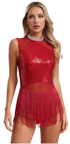 Freebily Damen Tanzkleid Glitzer Fransen Latein Salsa Kleid Ärmellos Pailletten Tanzbody Ballett Leotard Quastenrock Ballsaal Tanzkostüm