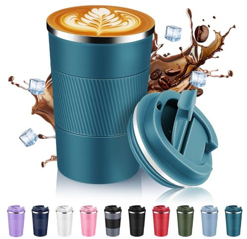 Volhoply 380ml 13oz Stainless Steel Insulated Travel Coffee Mug with Fip Lid,Reusable Double Wall Vacuum Metal Coffee Cup,Portable to Go Leak Proof Cafe Tumbler for Hot & Cold Drinks(Bule,1)