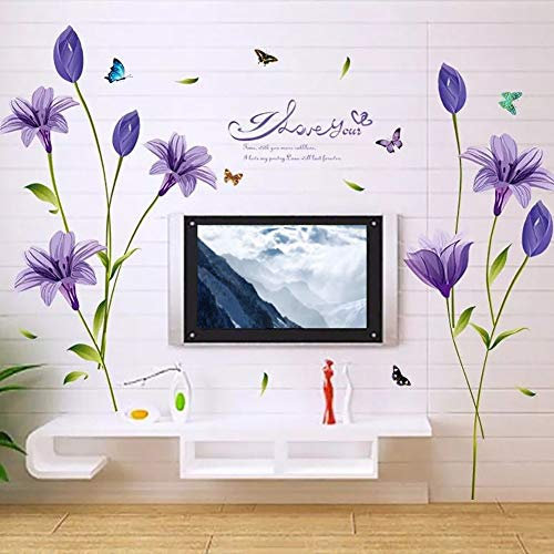 WandSticker4U®- Wandtattoo Blumen lila LILIE (160x85 cm) I Wandsticker Blumen groß Lliy Blüten Schmetterlinge Aufkleber Pflanze Frühling I Wand Deko für Wohnzimmer Schlafzimmer Küche Bad Flur XXL