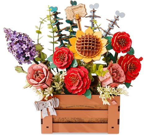 ROBOTIME Blumen 3D Holzpuzzle Erwachsene: Holzbausatz Basteln DIY Blumen Modelbausatz Künstliche Blumenstrauß Modell Kits Holz Puzzle Bausatz Frauen Valentinstag Geburtstag Deko mit Holzkiste TW02H