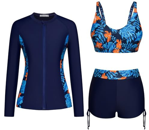 Womens 3 Piece Long Sleeve Swimsuits Floral Printed Rashguard Shirt Sun Protection Tankini with Boyshort Black M