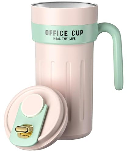 Homealexa Tazza da Caffè 650ml Termica in Acciaio inox 316 Tazza da Viaggio Isolata Viaggio Tazza da Auto a Prova di Perdite con Coperchio e Maniglia Rosa