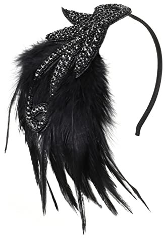 BABEYOND Bandeau vintage années 1920 avec plumes et perles en cristal - Accessoires de costume Gatsby le Magnifique - Accessoires de costume des années folles - Noir
