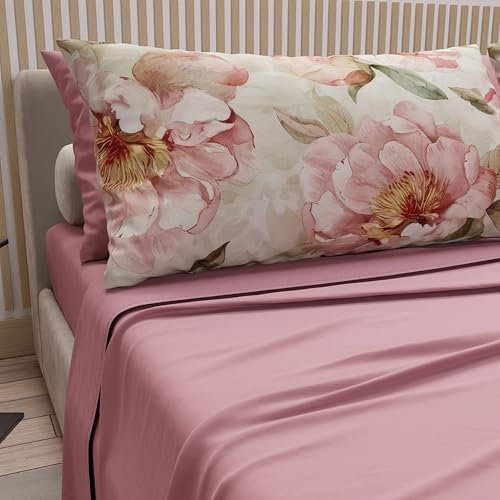 PETTI Artigiani Italiani - Lenzuola Matrimoniali Cotone con Federe in Stampa Digitale, Lenzuolo Completo Letto Matrimoniale Fantasia Floreale 20 Cipria Scuro, 100% Made in Italy
