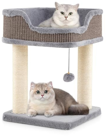 GOPLUS Arbre a Chat à 2 Niveaux avec Balle Suspendue et Clochette, Arbre à Chat Petit avec Perchoir en Peluche, 2 Poteaux à Gratter en Sisal, Centre d'Activité pour Chatons d'Intérieur (Gris)