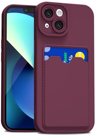 LoeoeL for iPhone 13 Case with Card Holder Slim, Thin Silicone Wallet Phone Case with Credit Card Slot for Women Men, Soft Rubber Gel TPU with Pocket Shockproof Camera Cover, Burgundy Maroon
