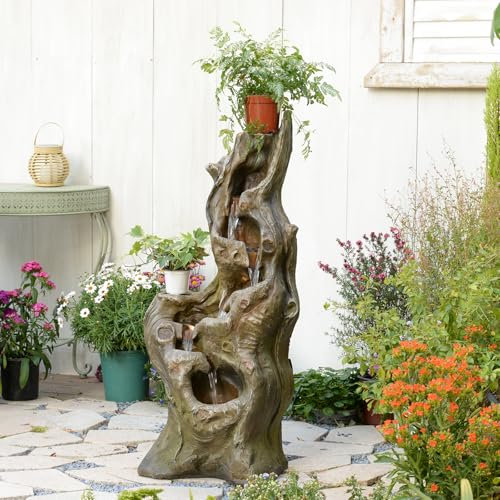 Bumilgar Garden Water Features 5-Tiers Large Cascading Realistic Tree Trunk Natural Waterfall Outdoor Fountain Resin Imitation Wood with LED Lights for Garden, Patio, Porch 101 CM