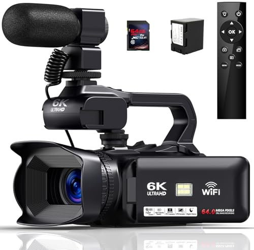Videocamera 6K con 64MP, zoom digitale 18X, visione notturna IR, touch screen da 4,0 pollici, WiFi, batteria 4500mAh, scheda SD da 64 GB, stabilizzatore e telecomando
