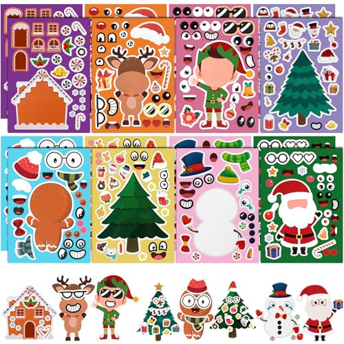 Huanmin 16 Blätter Weihnachtskinder Aufkleber Bastel Set, DIY Sticker Weihnachtsbaum Lebkuchenmann Schneemann Rentier, Weihnachten Aufkleber (B)