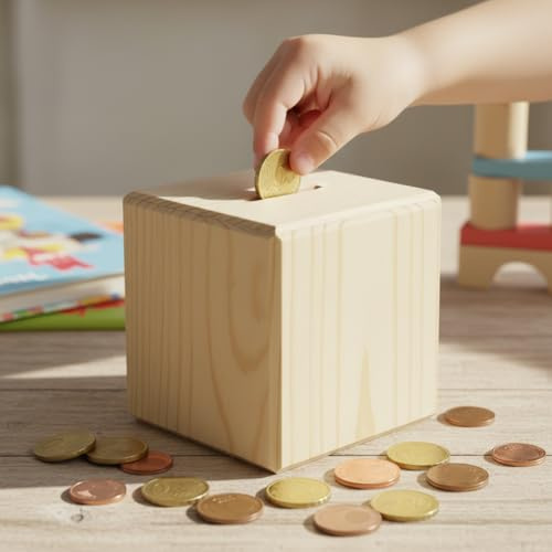 Spardose Holz für Kinder, Edelstahlschloss mit Schlüssel, Echter Würfel allseitig Kiefernholz