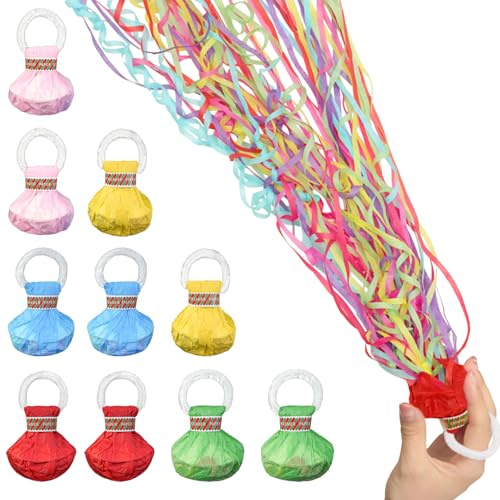 Hevysuo 10 Piezas Lanzar Serpentina de Cumpleaños(Rosa Azul Rojo Verde) | Serpentinas de Arrojar Bombas,Compacto en Fácil de reciclar,30 Cintas por Bola,Serpentina de Confeti para Navidad,Carnaval